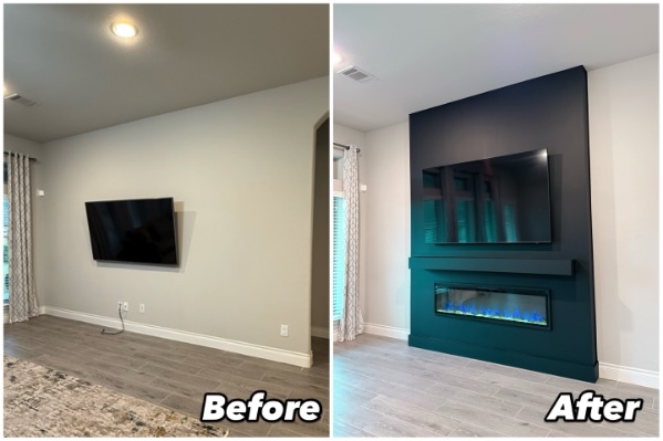 Before and after accent wall build with TV mount and electric fireplace — Quality Handyman Services Tampa